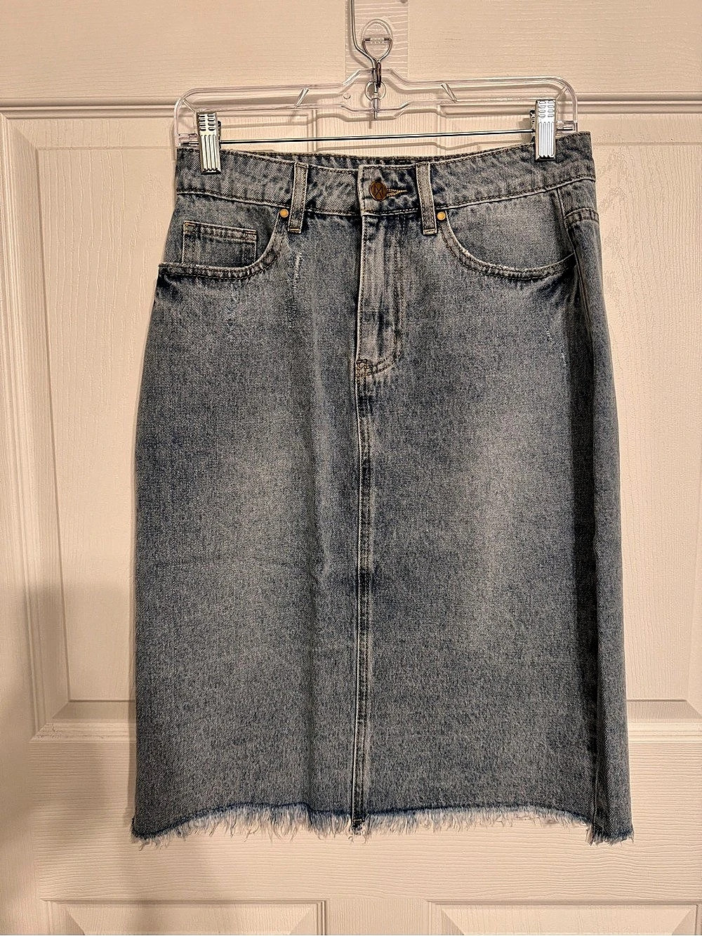The Main Street Exchange Sydney Distressed Raw Hem Denim Skirt Sydney Denim Midi